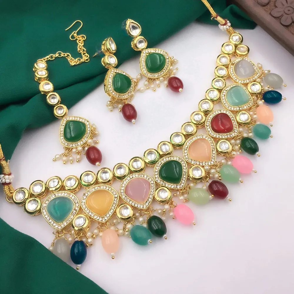 5G Jewellery Gold Plated Kundan Stone And Beads  Necklace Set