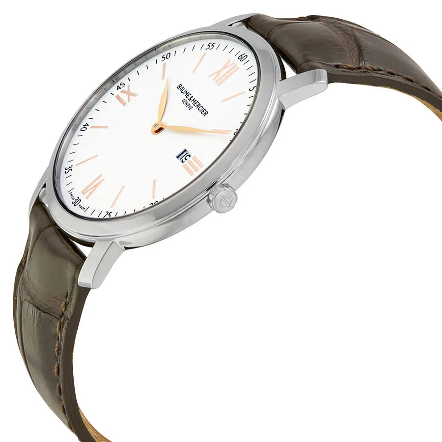 Baume & Mercier Classima Mens Watch - Elegant White Dial & Brown Leather Strap, Model 10181