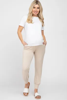 Beige Foldover Maternity Joggers