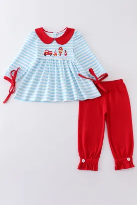 Blue stripe fire engine embroidery girl set