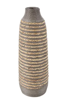 BROWN SEAGRASS HANDMADE BRAIDED VASE WITH LAYERED GRAY PANELING, 9" X 9" X 24"