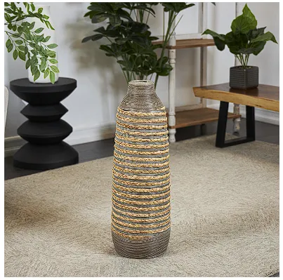 BROWN SEAGRASS HANDMADE BRAIDED VASE WITH LAYERED GRAY PANELING, 9" X 9" X 24"