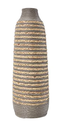 BROWN SEAGRASS HANDMADE BRAIDED VASE WITH LAYERED GRAY PANELING, 9" X 9" X 24"