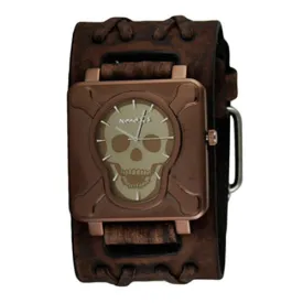 Cross Bones Skull Copper Watch with Double X Distressed Dark Brown Leather Wide Cuff BVDXB930B