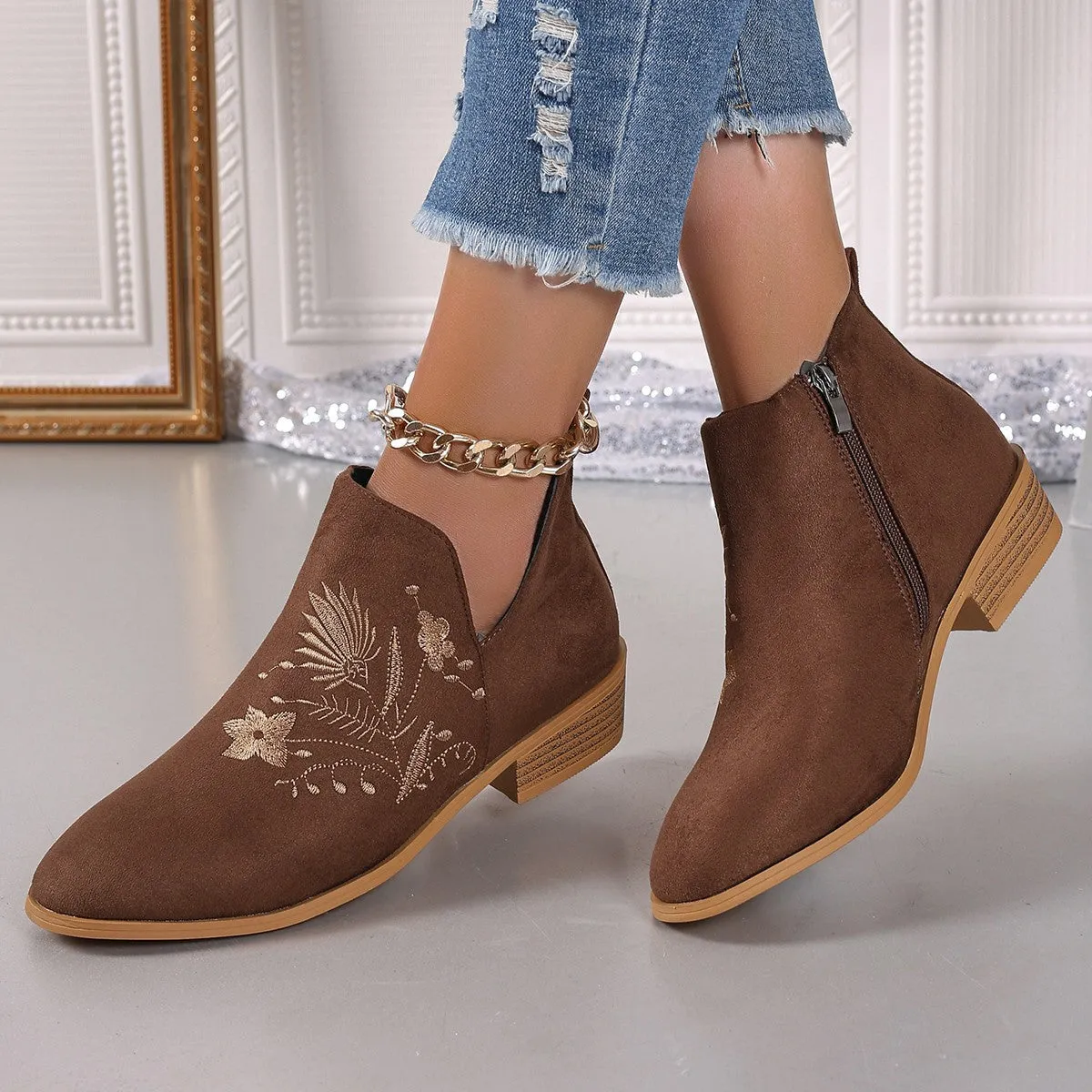 Embroidered Suede Point Toe Block Heel Boots