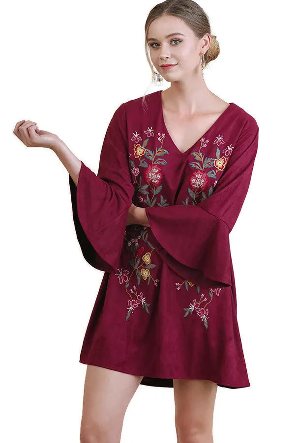 Floral Embroidered Bell Sleeve Dress, Wine