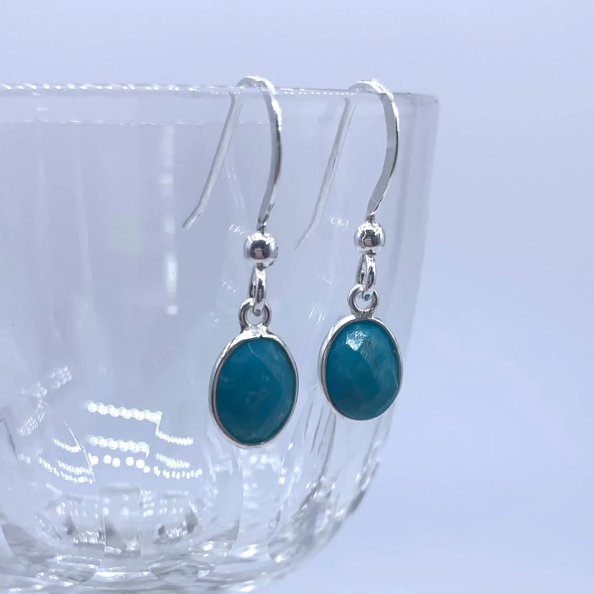 Gemstone earrings with turquoise (blue) crystal drops on silver or gold hooks