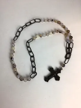 Gray & Cream Agate Metal Rosary Chain-Link Necklace