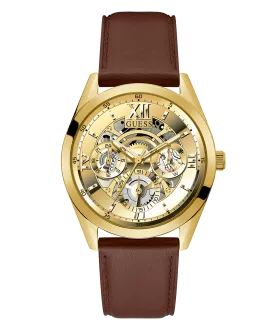 GUESS Mens Chocolate Brown Gold Tone Multi-function Watch