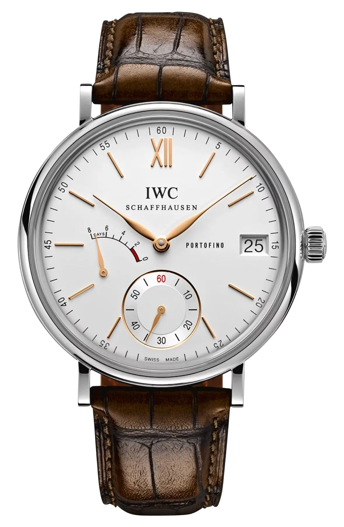 IWC Portofino Hand-Wound Eight Days Power Reserve Manual Wind Stainless Steel Silver Dial Brown Leather Strap Date Mens Watch IW510103