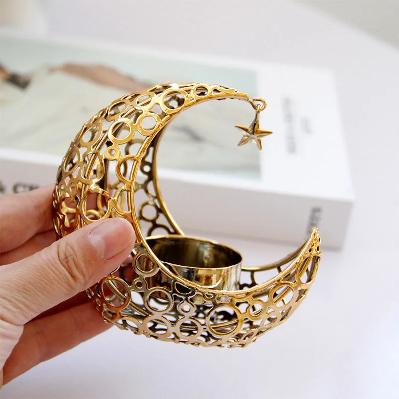 Light Luxury Crescent Moon Star Moon Black Gold Metal Candle Holder Modern Romantic Wedding Christmas Candle Cup Home Decor