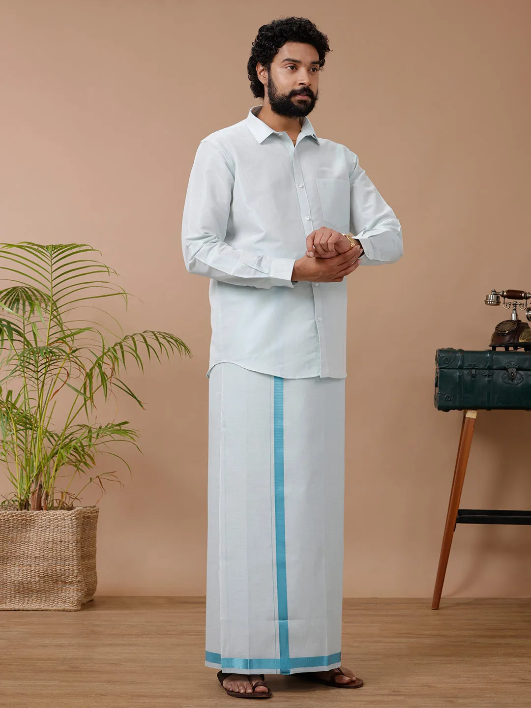 Like Father Like Son Tissue Dhoti & Shirt Combo Cyan