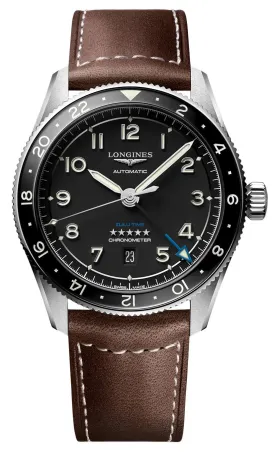 Longines Spirit Zulu Time Automatic GMT Chronometer Stainless Steel Black Dial Brown Leather Strap Date Mens Watch L3.812.4.53.2