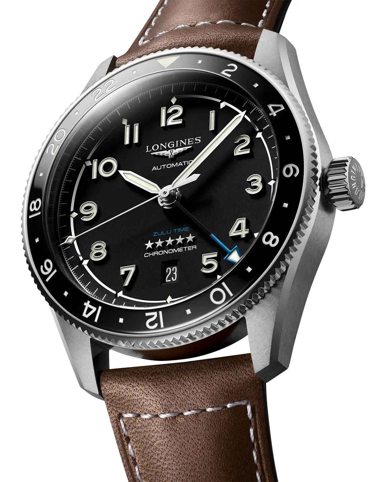 Longines Spirit Zulu Time Automatic GMT Chronometer Stainless Steel Black Dial Brown Leather Strap Date Mens Watch L3.812.4.53.2