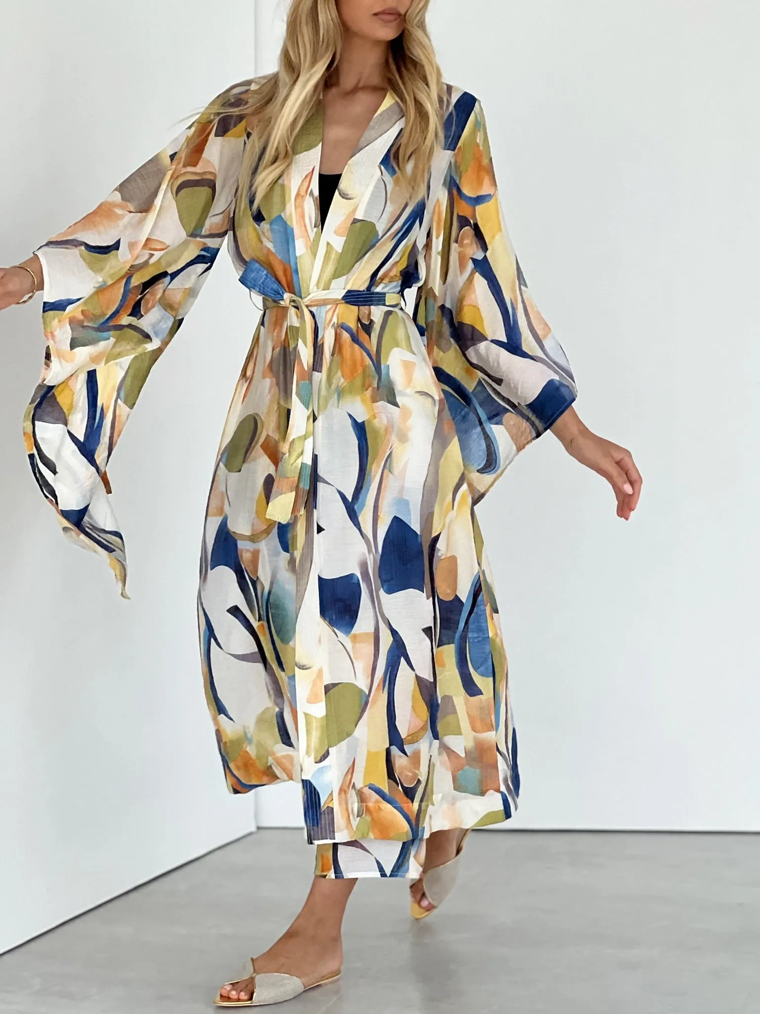 Mahra Printed Tie Robe | Green Mix