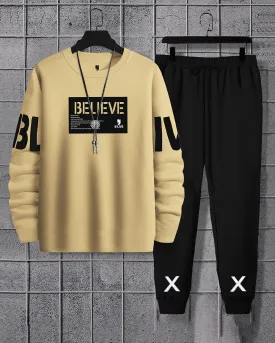 Men Believe Printed Beige | Black Tracksuit