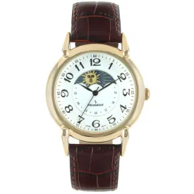 Men's 40mm Vintage White Dial Sun Moon Brown Leather Strap Watch