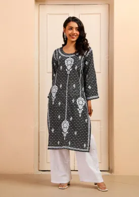 Mulmul Chikankari Printed Women's Kurta - Black