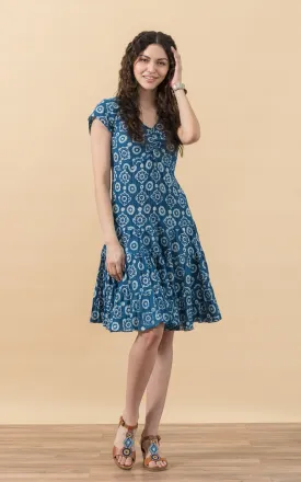 Paloma Dress, Short, Cap Sleeve, Indigo Medallion