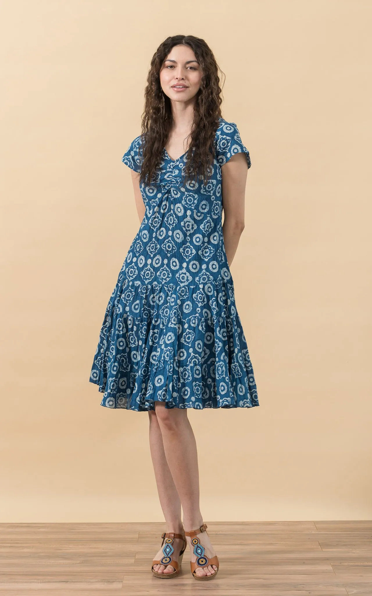 Paloma Dress, Short, Cap Sleeve, Indigo Medallion