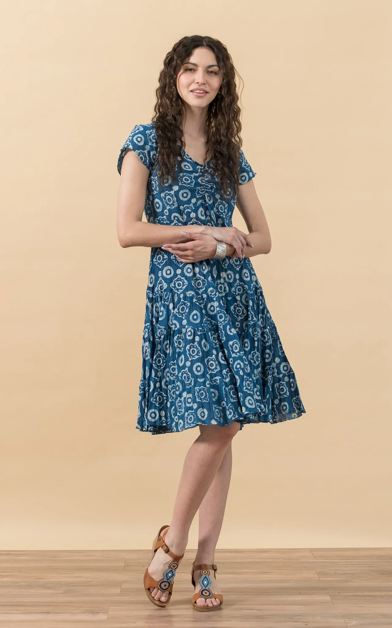 Paloma Dress, Short, Cap Sleeve, Indigo Medallion