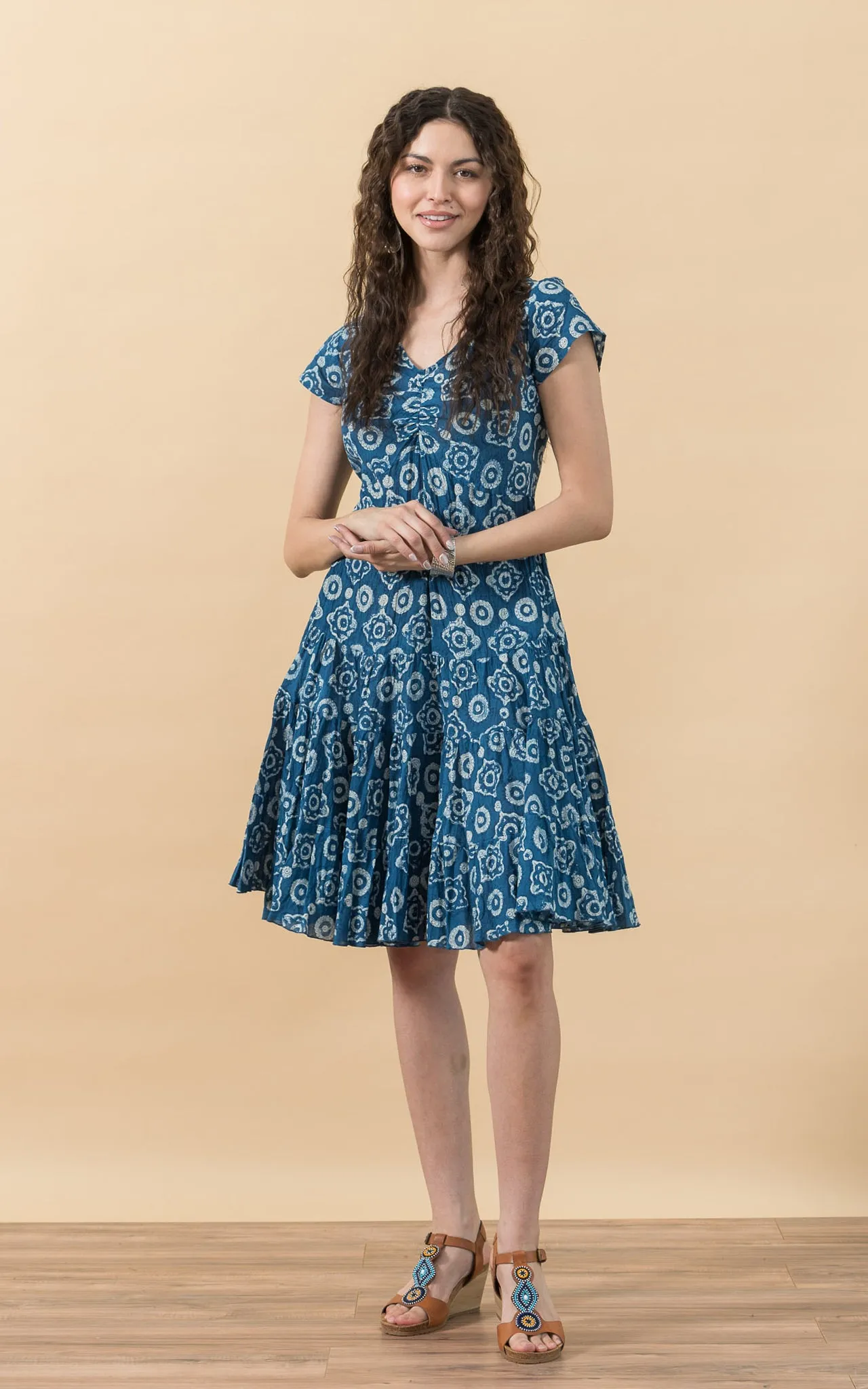 Paloma Dress, Short, Cap Sleeve, Indigo Medallion