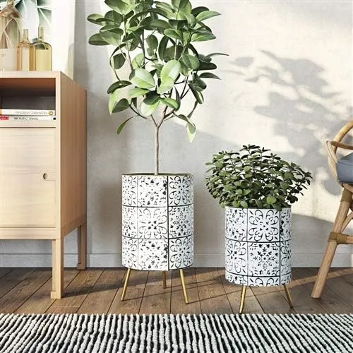 Set of 2 Metal Planters Indoor Modern, White Black, Bohemian Style