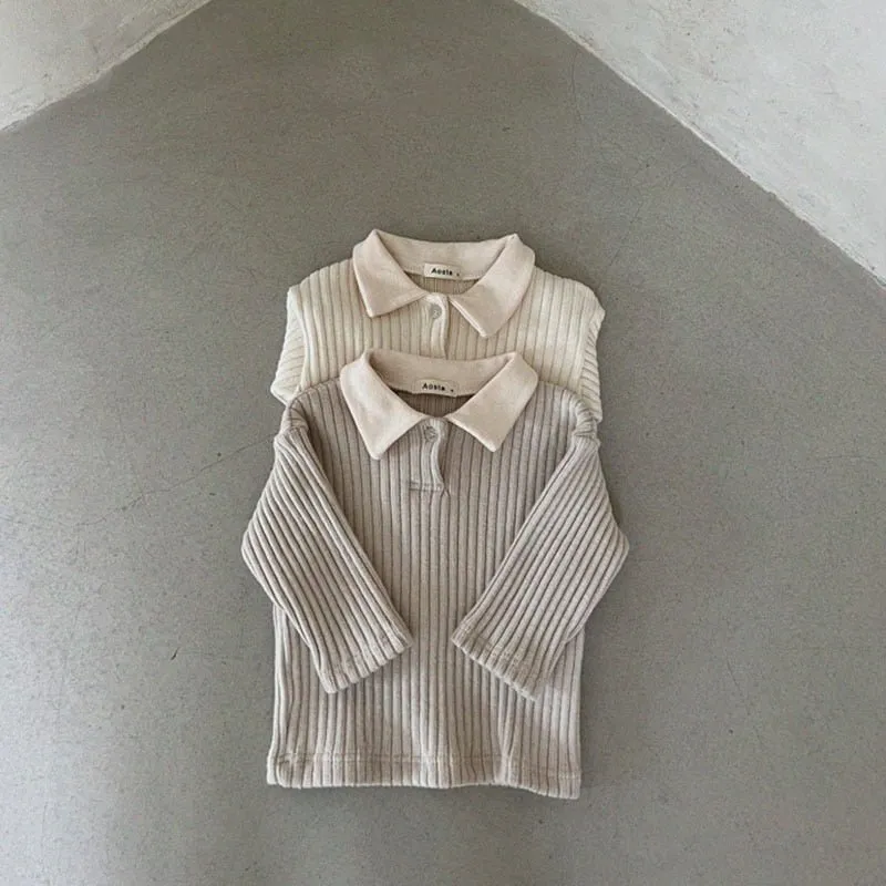 Soft Touch Beige & Grey Ribbed Polo Top