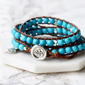 Turquoise Magnesite Boho Wrap Bracelet, Fleur De Lis Button