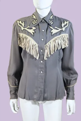 Vintage 40s Gray Wool & Leather Fringe Western Shirt, Women's Southwestern Rockabilly Cowgirl Blouse